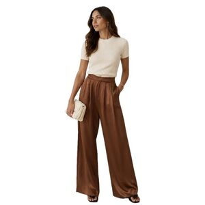 Nonchalant label, Elegant Brown Wide-Leg Satin Pants Quiet Luxury, Size S EUC